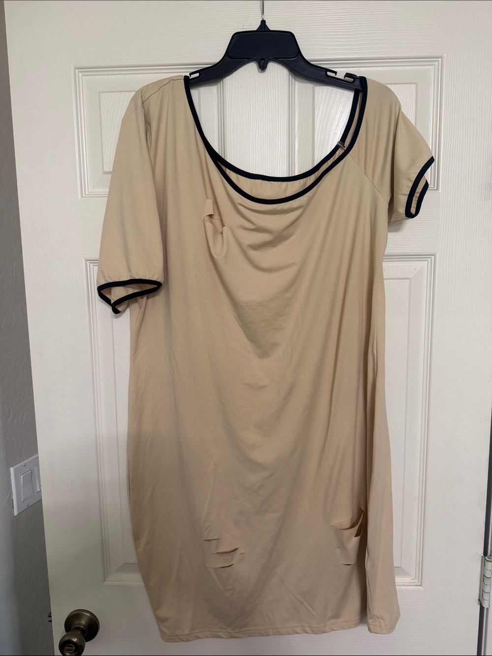 Beige Short Sleeve Off the Shoulder Neck Women's Top with Black Trim